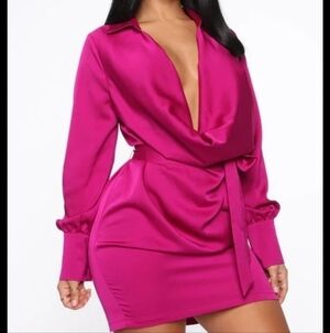 Sexy! Magenta Satin Wrap Dress Deep Neckline Romantic Date Night Concert Y2k